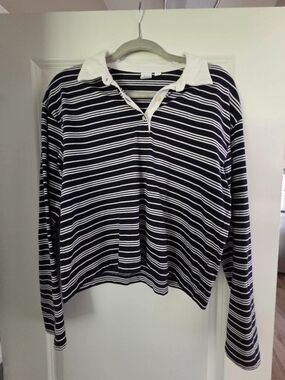GAP Striped Long Sleeve Polo Top in Navy and White